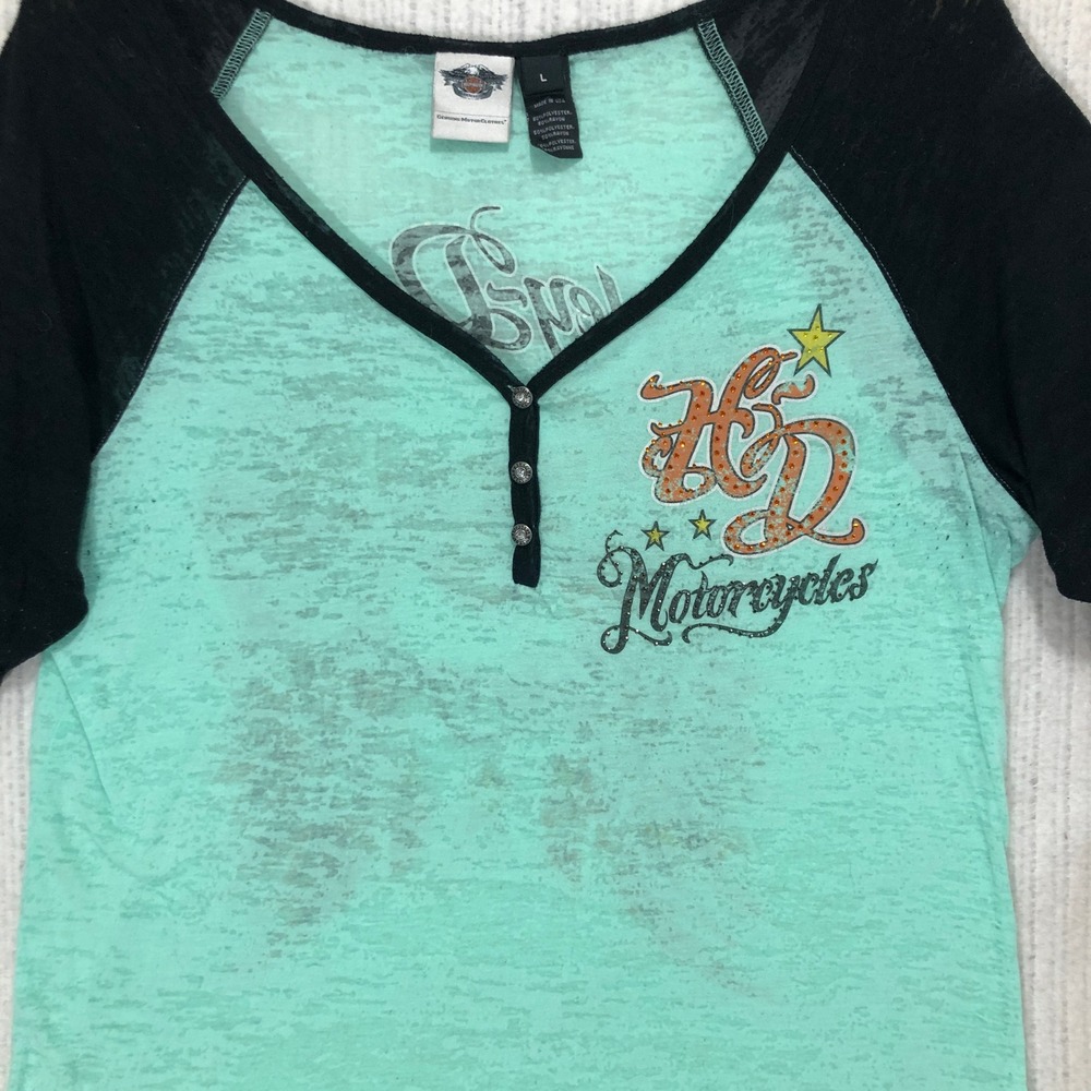 Harley Davidson Womens Turquoise Black Raglan V Neck Graphic T‎ Shirt Tee Large